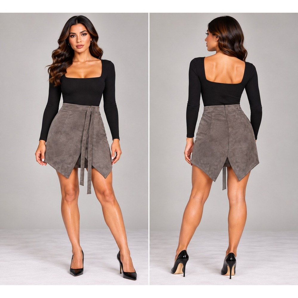 Favlux Faux Suede Mini Skirt Women S Charcoal New Asymmetrical Wrap Tie Waist